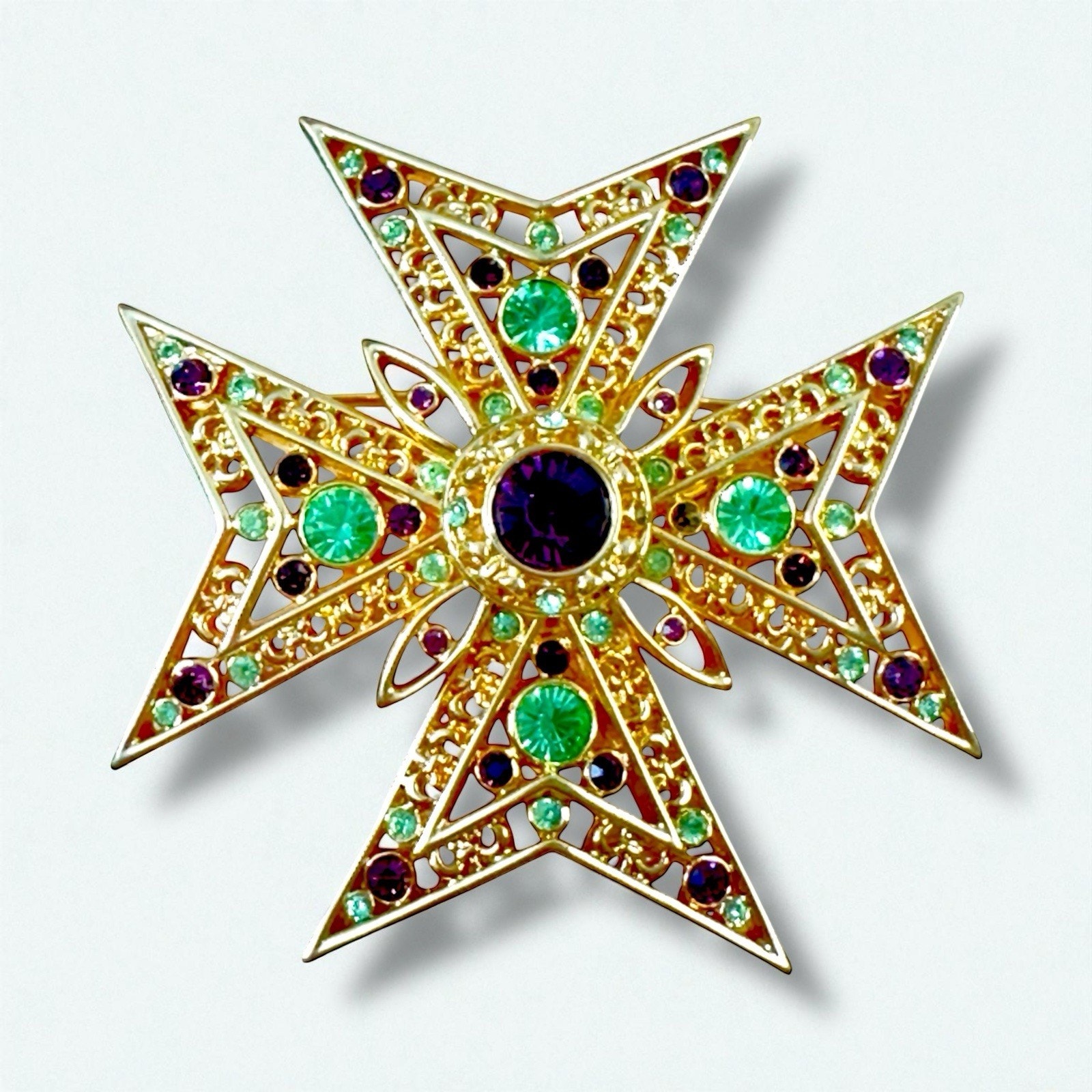 Nolan Miller Maltese Cross Brooch Pin Signed Gold Tone PurpleGreen Glow 70$
